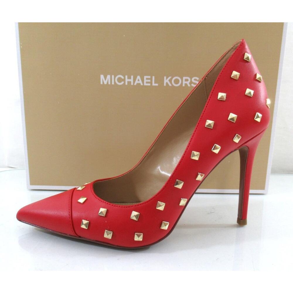 Michael Kors Keke Toe Cap Pump Pointy Pyramid Studs Leather Crimson Red - Picture 3 of 10